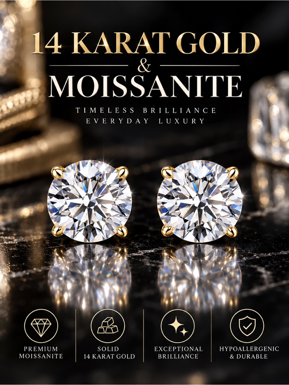 2 CTW | 14K Gold Moissanite Stud Earrings